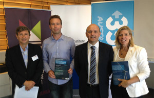 Mark Fulton (Carbon Tracker), Julien Vincent (Market Forces), Richard Denniss (The Australia Institute) and Blair Palese (350.org) at the launch of "Climate proofing your investments". 