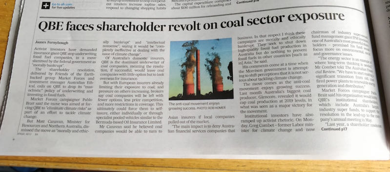 Media coverage in the AFR of Market Forces and Australian Ethical's 2019 resolution for QBE