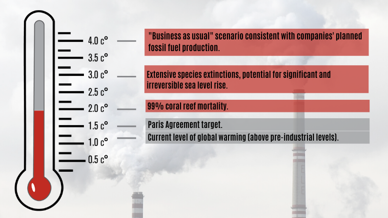 Pure play fossil fuel companies business as usual vs temperature increase