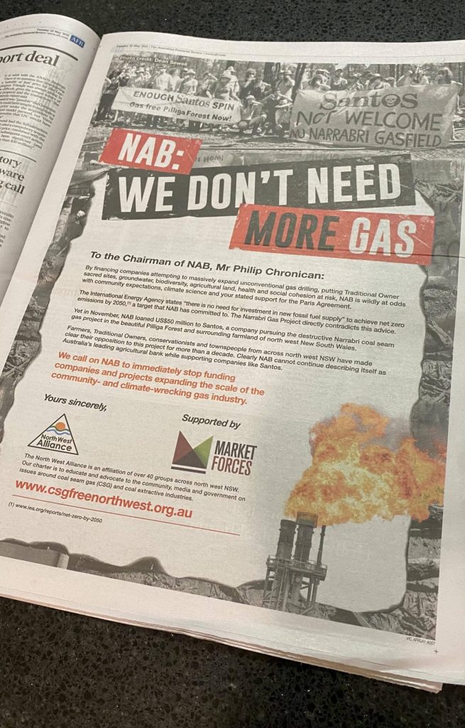 NAB: we don't need more gas! Ad in the Australian Financial Review - 25 May