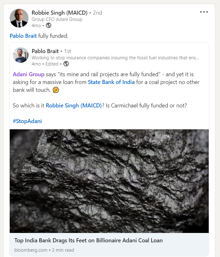 Robbie Singh, CFO of Adani Group on LinkedIn, confirming Carmichael is fully funded