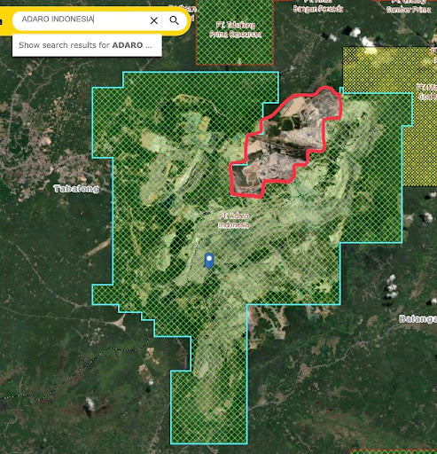 The Indonesian Ministry of Environment and Mineral Resources official concession map shows that Adaro’s mines exceed its official license area