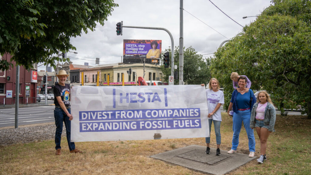 A billboard in Melbourne calling on HESTA to stop fuelling the climate crisis