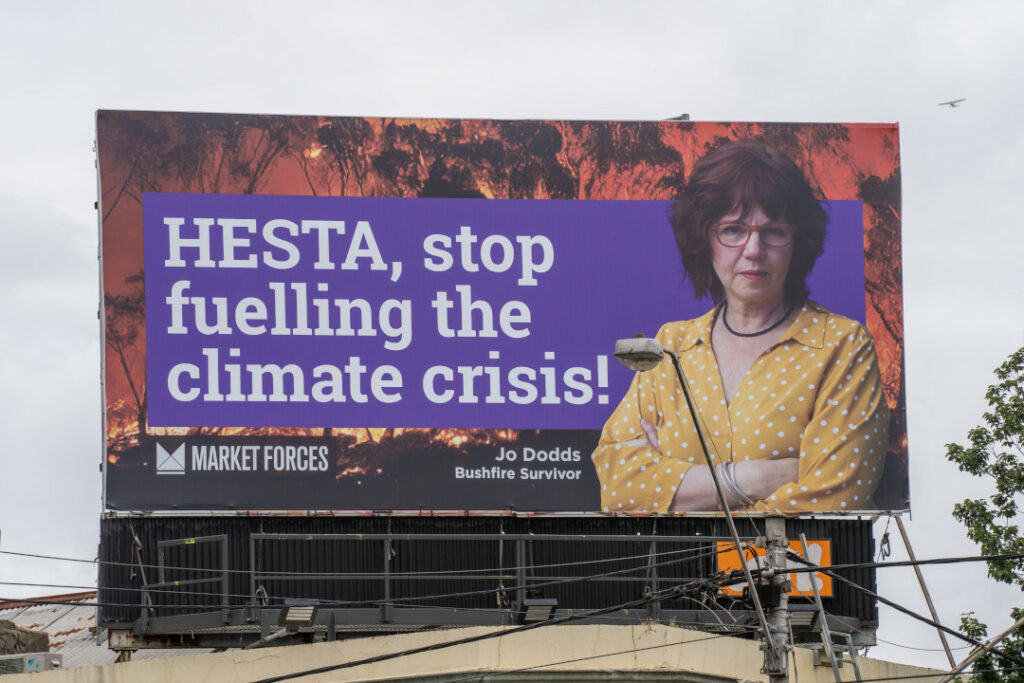 HESTA billboard with bushfire survivor Jo Dodds