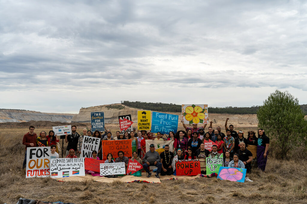 Representatives from Pacific Climate Warriors, School Strikers, Sapna South Asian Climate Solidarity, and others travel to a Whitehaven mine on Gomeroi country. Image credit: @350 Pacific