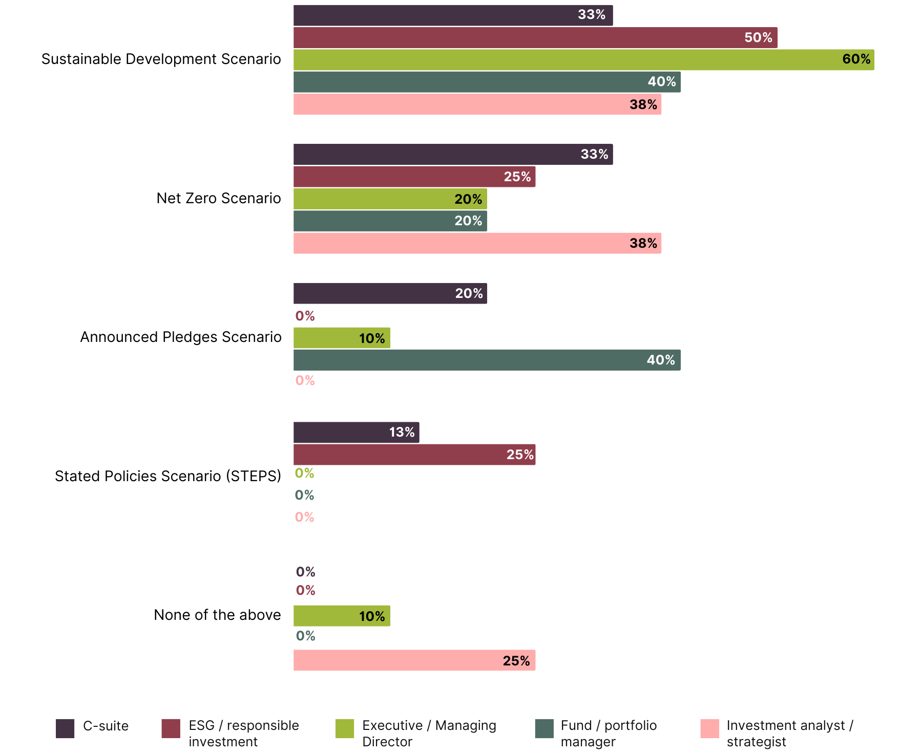 Bar chart comparing the IEA climate scenarios used at respondents' companies, split by respondent job role.