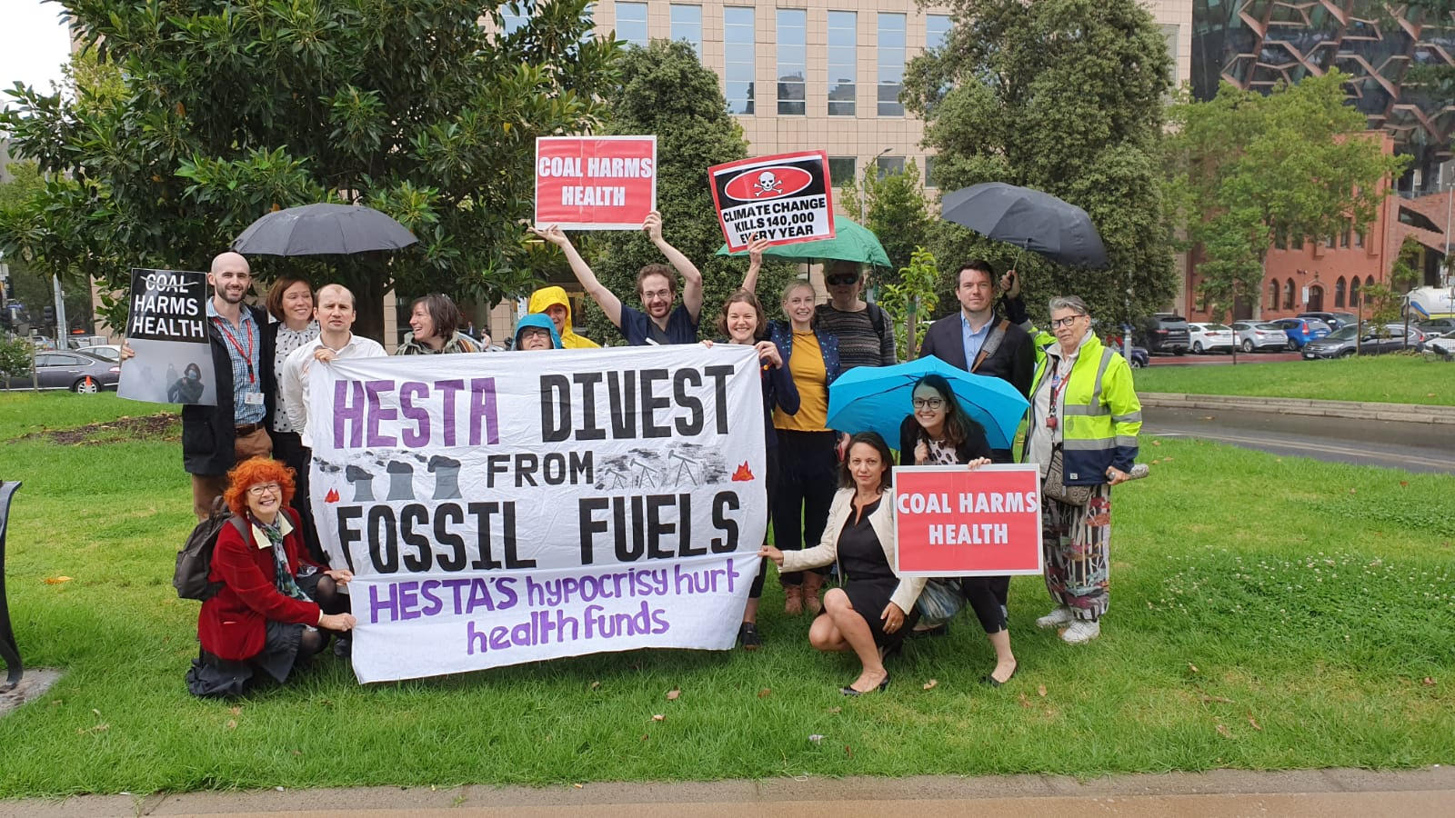 Healthcare professionals taking action outside HESTA’s Melbourne office in 2020. Image credit: Healthy Futures.